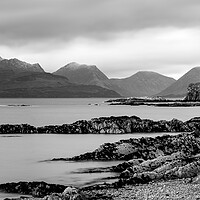 Buy canvas prints of Tokavaig Beach and Cuillin Mountains Isle of Skye Scotland black and white by Sonny Ryse