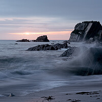 Buy canvas prints of ayrmer-cove-south-hams-devon-coast-beach-sunset-waves-panorama by Sonny Ryse