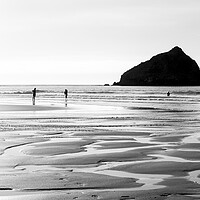 Buy canvas prints of Holywell Beach and Gull Rock Cornwall Coast black and white 2 by Sonny Ryse