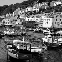Buy canvas prints of Smugglers Cove Polperro Fishing Harbour Black and White 2 by Sonny Ryse