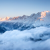Buy canvas prints of Mont Blanc Massif and Chamonix Valley at sunset in Winter French Alps by Sonny Ryse