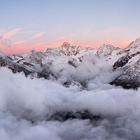 Buy canvas prints of Zermatt Valley Matterhorn clould inversion at sunrise aerial Switzerland by Sonny Ryse