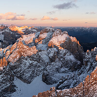 Buy canvas prints of Cadini di Misurina mountains aerial at sunset Dolomiti Italy by Sonny Ryse
