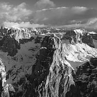 Buy canvas prints of Cima di Fradusta Valle di Pradidali Pala mountains Dolomiti Dolomites Italy aerial black and white by Sonny Ryse