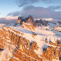 Buy canvas prints of Seceda Alm Ridgeline aerial at sunset in Winter Dolomites Italy by Sonny Ryse