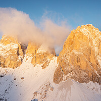 Buy canvas prints of Sassolungo Mountains in the clouds Sella pass Italian Dolomites by Sonny Ryse