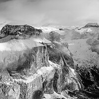 Buy canvas prints of Torri del Sella Aerial Piz Boe Sella Pass Dolomiti Italy black and white by Sonny Ryse