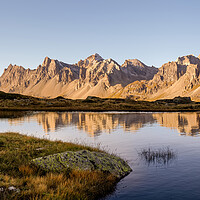 Buy canvas prints of Massif des Cerces Lac Sunrise glow reflections French Alps by Sonny Ryse