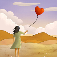 Buy canvas prints of Young girl and heart shaped balloon by Andrea Danti