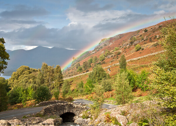 Ashness Bridge Rainbow, Lake District, Cumbria Picture Board by June Ross