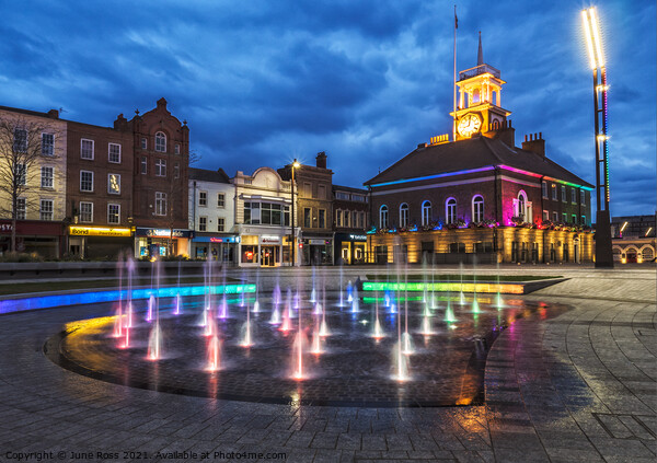 Stockton-on-Tees Fountains & Town Hall at Night  Picture Board by June Ross