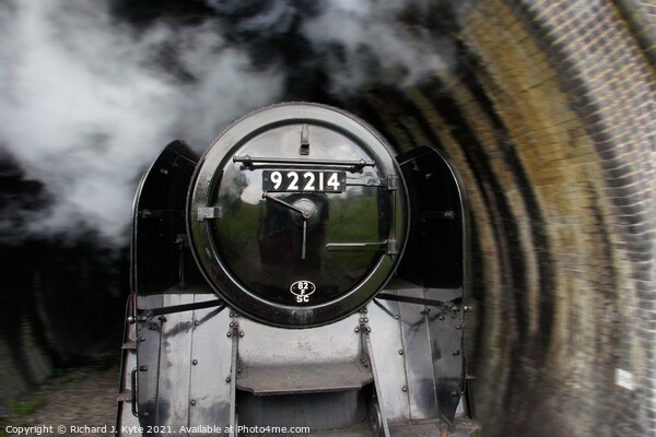 BR Class 9F no. 92214 enters Greet Tunnel, Gloucestershire Warwickshire Railway Picture Board by Richard J. Kyte