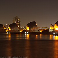 Buy canvas prints of Thames Barrier lit up at night by Antony Robinson