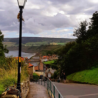 Buy canvas prints of Robin Hood Bay  North Yorkshire from top of the hi by Les Schofield