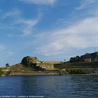 Buy canvas prints of Corfu Fort Greece  From The Sea by Les Schofield