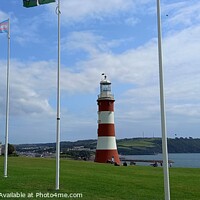Buy canvas prints of Plymouth Hoe  lighthouse and flags by Les Schofield