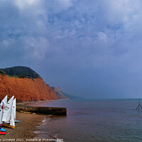 Buy canvas prints of Sidmouth  Red Cliffs and Boats by Les Schofield