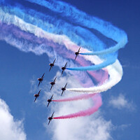Buy canvas prints of The Majestic Display of Red Arrows by Les Schofield