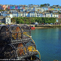 Buy canvas prints of Brixham Harbour and crab pots by Les Schofield