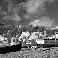 Buy canvas prints of Black and white fishing boats at Beer in Devon by Les Schofield