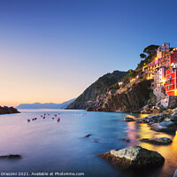 Buy canvas prints of Riomaggiore at sunset. Cinque Terre, Italy by Stefano Orazzini