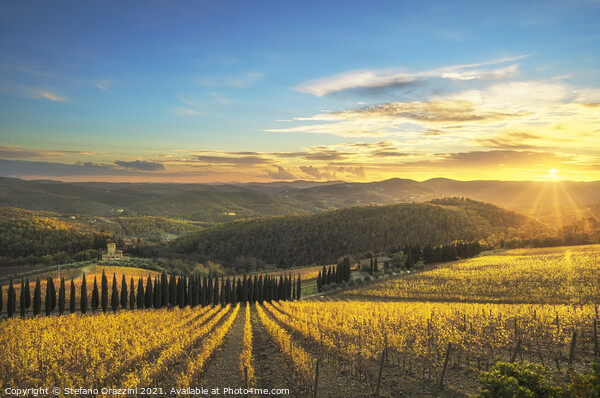 Chianti vineyards at sunset. Tuscany Framed Mounted Print by Stefano Orazzini