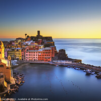 Buy canvas prints of Vernazza village, aerial view at sunset. Cinque Terre, Liguria by Stefano Orazzini