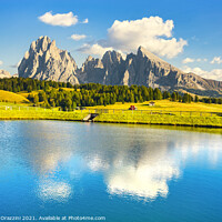 Buy canvas prints of Lake and mountains, Alpe di Siusi, Dolomites by Stefano Orazzini