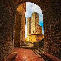 Buy canvas prints of San Gimignano towers from a tunnel, Tuscany by Stefano Orazzini