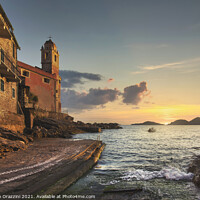 Buy canvas prints of Tellaro village, church and boat at sunset. Liguria by Stefano Orazzini