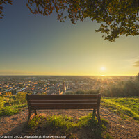 Buy canvas prints of Bench and Pietrasanta panoramic view at sunset, Versilia, Lucca, by Stefano Orazzini
