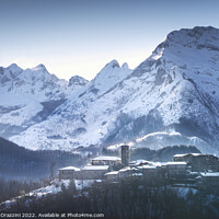 Buy canvas prints of Snowy village and Apuan mountains in winter. Nicciano, Italy by Stefano Orazzini