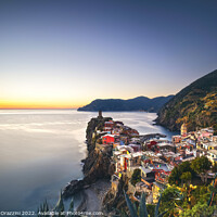 Buy canvas prints of Vernazza village, aerial view at sunset. Cinque Terre, Italy by Stefano Orazzini