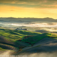 Buy canvas prints of Volterra foggy landscape, rolling hills at sunset. Tuscany by Stefano Orazzini