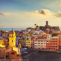 Buy canvas prints of Vernazza village, aerial view at sunset. Cinque Terre, Ligury by Stefano Orazzini
