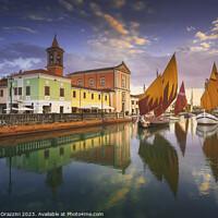 Buy canvas prints of Cesenatico canal, historic sailboats and church. Romagna, Italy by Stefano Orazzini