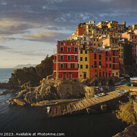 Buy canvas prints of Riomaggiore panoramic view at sunset. Cinque Terre, Italy by Stefano Orazzini