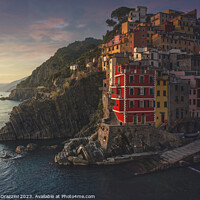 Buy canvas prints of Riomaggiore village view at sunset. Cinque Terre, Italy by Stefano Orazzini