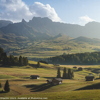 Buy canvas prints of Seiser Alm, wooden huts view. Dolomites, Italy by Stefano Orazzini