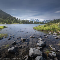 Buy canvas prints of The Arpy Lake and the Mont Blanc massif. Aosta valley by Stefano Orazzini