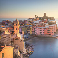 Buy canvas prints of Vernazza village, view at sunset. Cinque Terre, Liguria, Italy by Stefano Orazzini