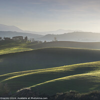 Buy canvas prints of Landscape in Val d'Orcia with farmhouse and rolling hills. Tuscany by Stefano Orazzini