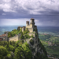 Buy canvas prints of San Marino, Guaita tower on the Titano mount and view of Romagna by Stefano Orazzini