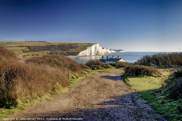 View of Seven Sisters Chalk Cliffs and Coastguard Cottages at Cuckmere Haven Sussex Picture Board by John Gilham