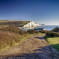 Buy canvas prints of View of Seven Sisters Chalk Cliffs and Coastguard Cottages at Cuckmere Haven Sussex by John Gilham