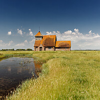 Buy canvas prints of Outdoor field with a lone church and water course by John Gilham