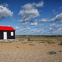 Buy canvas prints of The Red Roofed Hut at Rye Harbour nature reserve Sussex UK by John Gilham