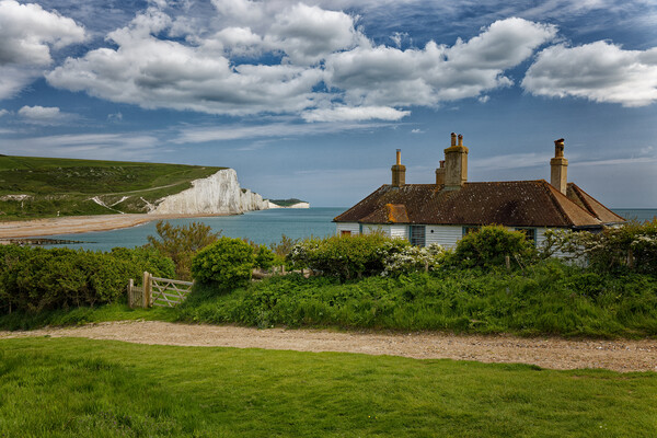 Seven Sisters cliffs and the Coastguards Cottages Sussex Picture Board by John Gilham