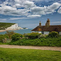 Buy canvas prints of Seven Sisters cliffs and the Coastguards Cottages Sussex by John Gilham
