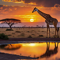 Buy canvas prints of Giraffe At Watering Hole At Sunset by Artificial Adventures